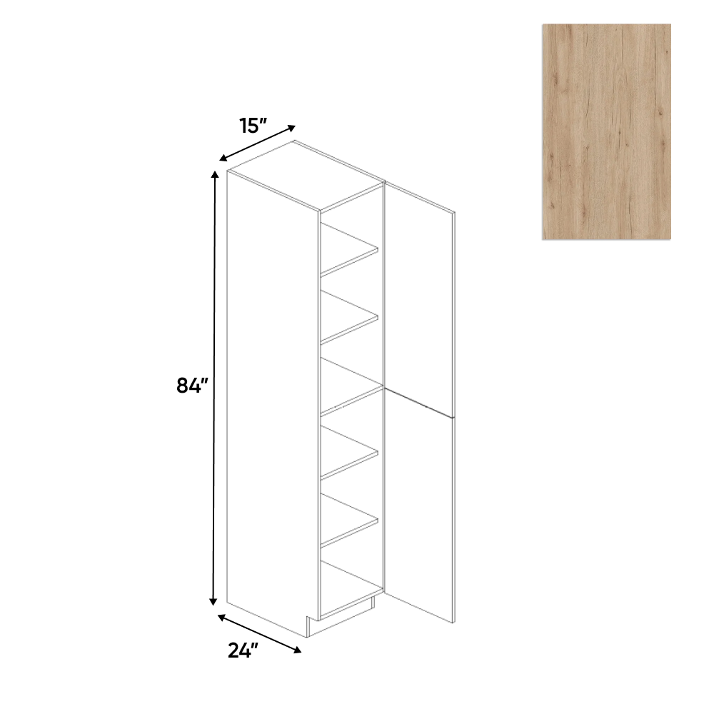 RTA - Anniversary Oak Textured - Tall Pantry Cabinet - 15"W x 84"H x 24"D - Frameless Cabinet