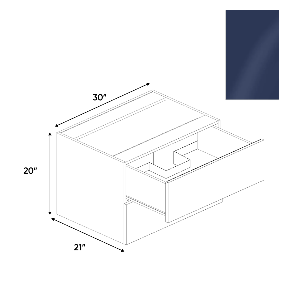 RTA - Indigo Blue Gloss - Vanity Hanging Drawer Sink Base Cabinet - 30"W x 20"H x 21"D - Frameless Cabinet