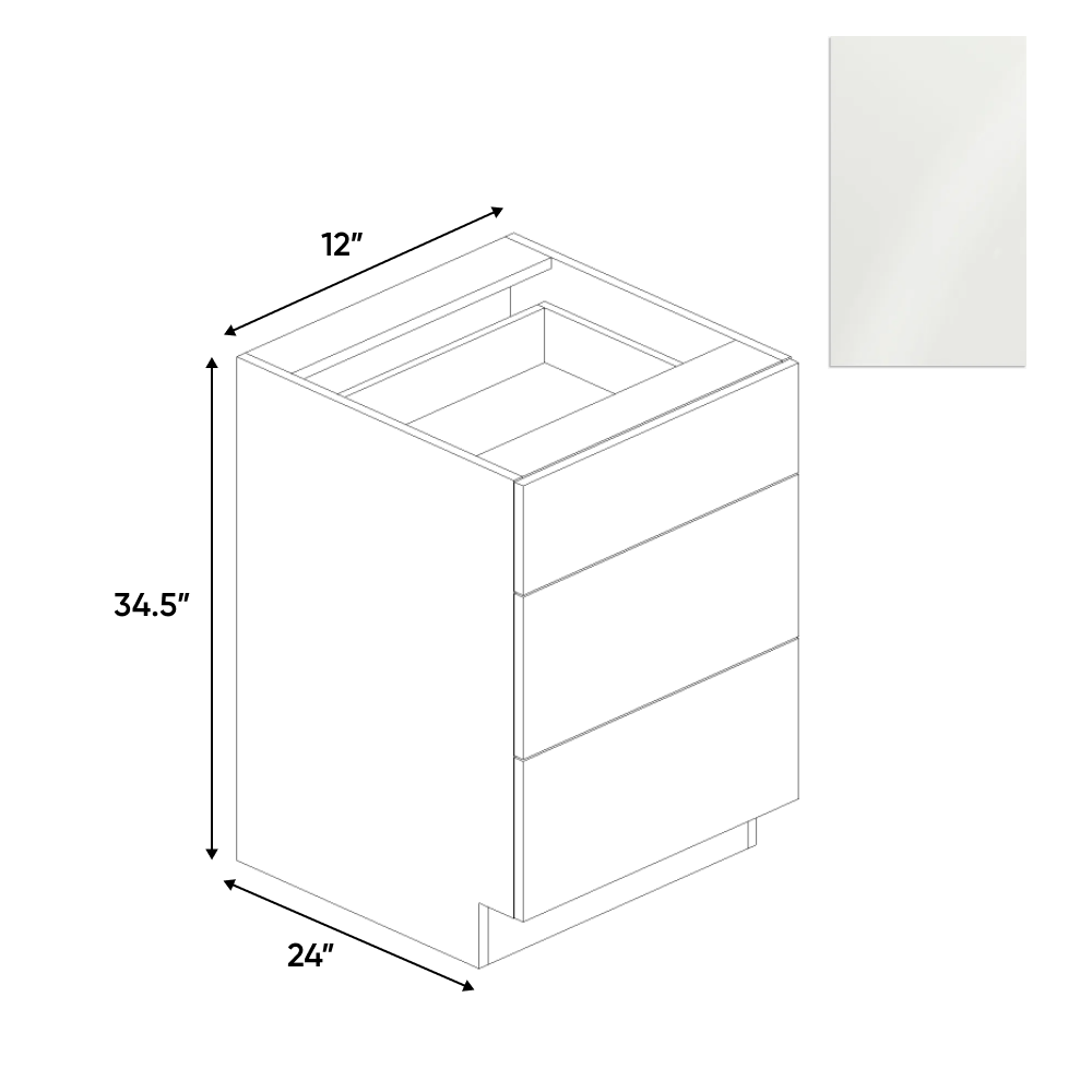 RTA - Blanco Gloss - 3 Drawer Base Cabinet - 12"W x 34.5"H x 24"D - Frameless Cabinet