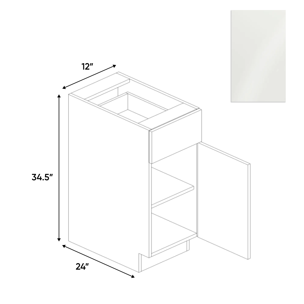 RTA - Blanco Gloss - Single Door Base Cabinet - 12"W x 34.5"H x 24"D - Frameless Cabinet