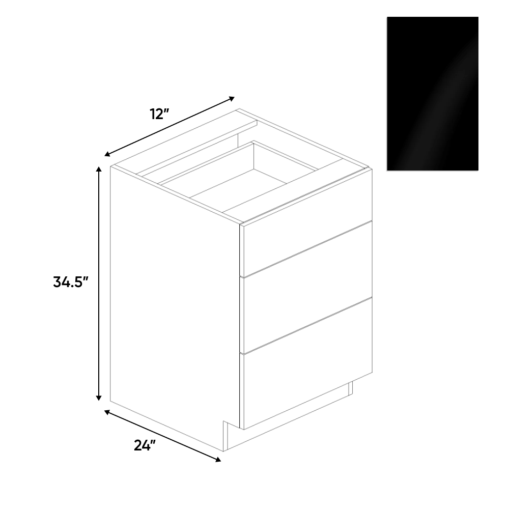 Negro Gloss - 3 Drawer Base Cabinet - 12"W x 34.5"H x 24"D - Pre Assembled - Frameless Cabinet