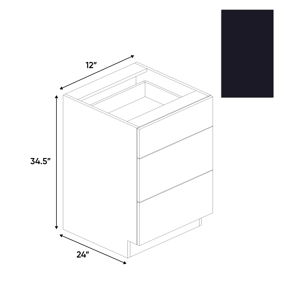 Negro Matte - 3 Drawer Base Cabinet - 12"W x 34.5"H x 24"D - Pre Assembled - Frameless Cabinet