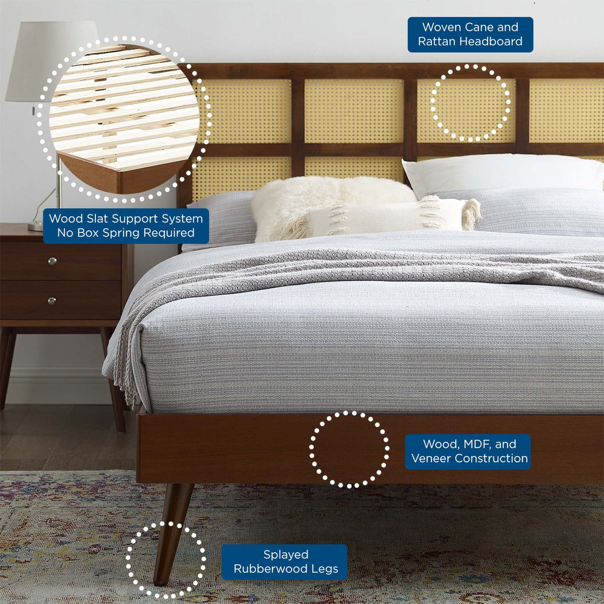 Sidney Cane and Wood Queen Platform Bed With Splayed Legs