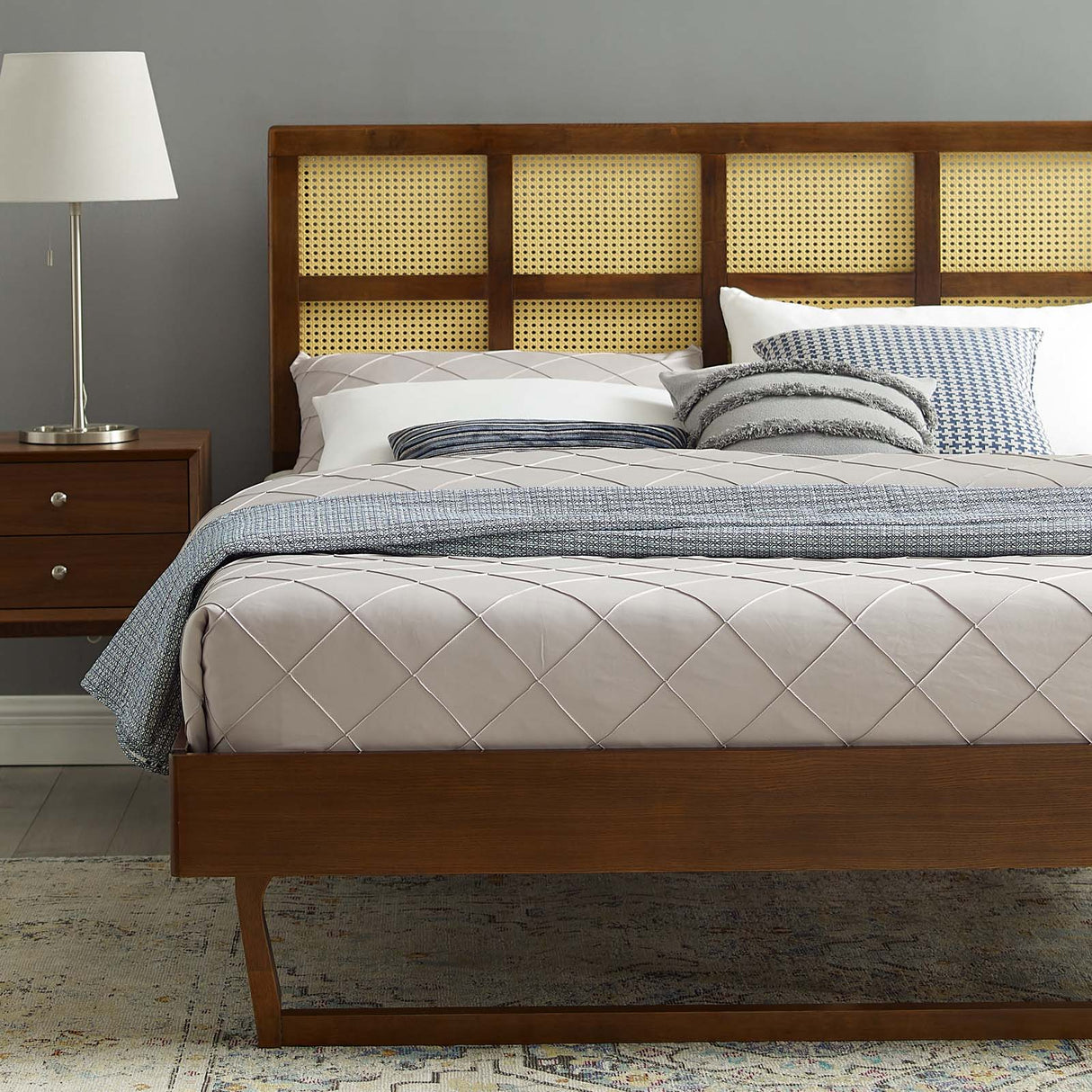 Sidney Cane and Wood Full Platform Bed With Angular Legs