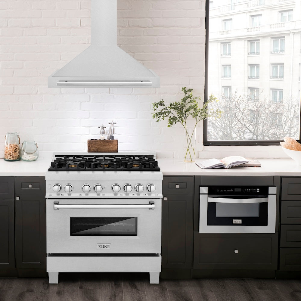 ZLINE 36 in. Autograph Edition Convertible Fingerprint Resistant DuraSnow® Stainless Steel Range Hood with White Matte Shell and Matte Black Handle (KB4SNZ-WM36-MB)