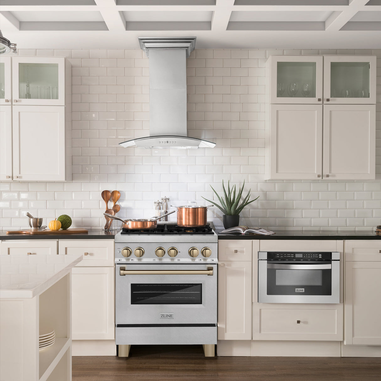 ZLINE Autograph Edition 30 in. 4.0 cu. ft. Legacy Dual Fuel Range with 4 Burner Gas Cooktop and Electric Convection Oven in Satin Stainless Steel and Champagne Bronze Accents (RASZ-SN-30-CB)