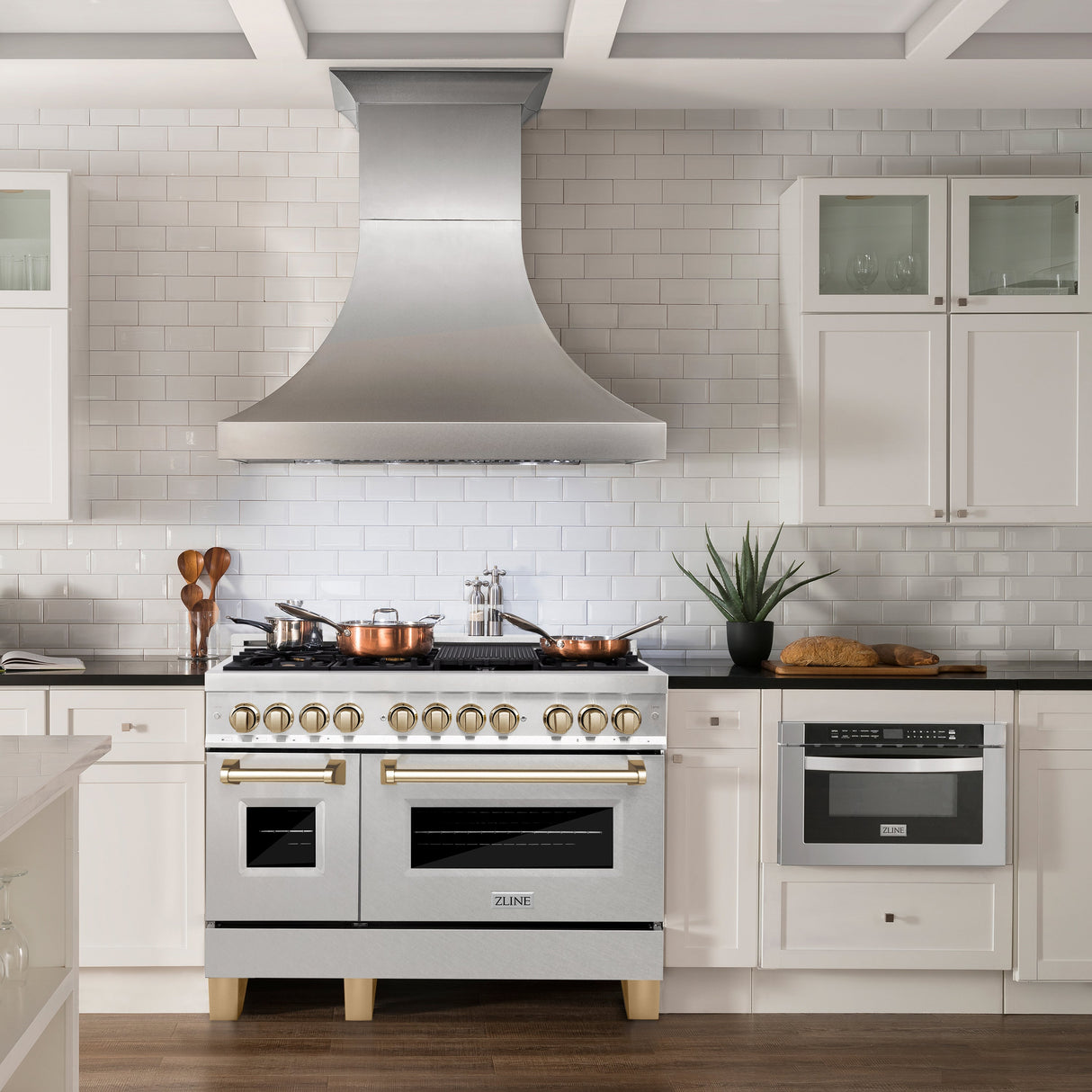 ZLINE Autograph Edition 48 in. 6.0 cu. ft. Legacy Dual Fuel Range with 7 Burner Gas Cooktop and 2 Electric Ovens in Satin Stainless Steel and Polished Gold Accents (RASZ-SN-48-G)