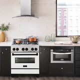 ZLINE Autograph Edition 30 in. 4.0 cu. ft. Legacy Dual Fuel Range with 4 Burner Gas Cooktop and Electric Convection Oven in Satin Stainless Steel with White Matte Door and Matte Black Accents (RASZ-WM-30-MB)
