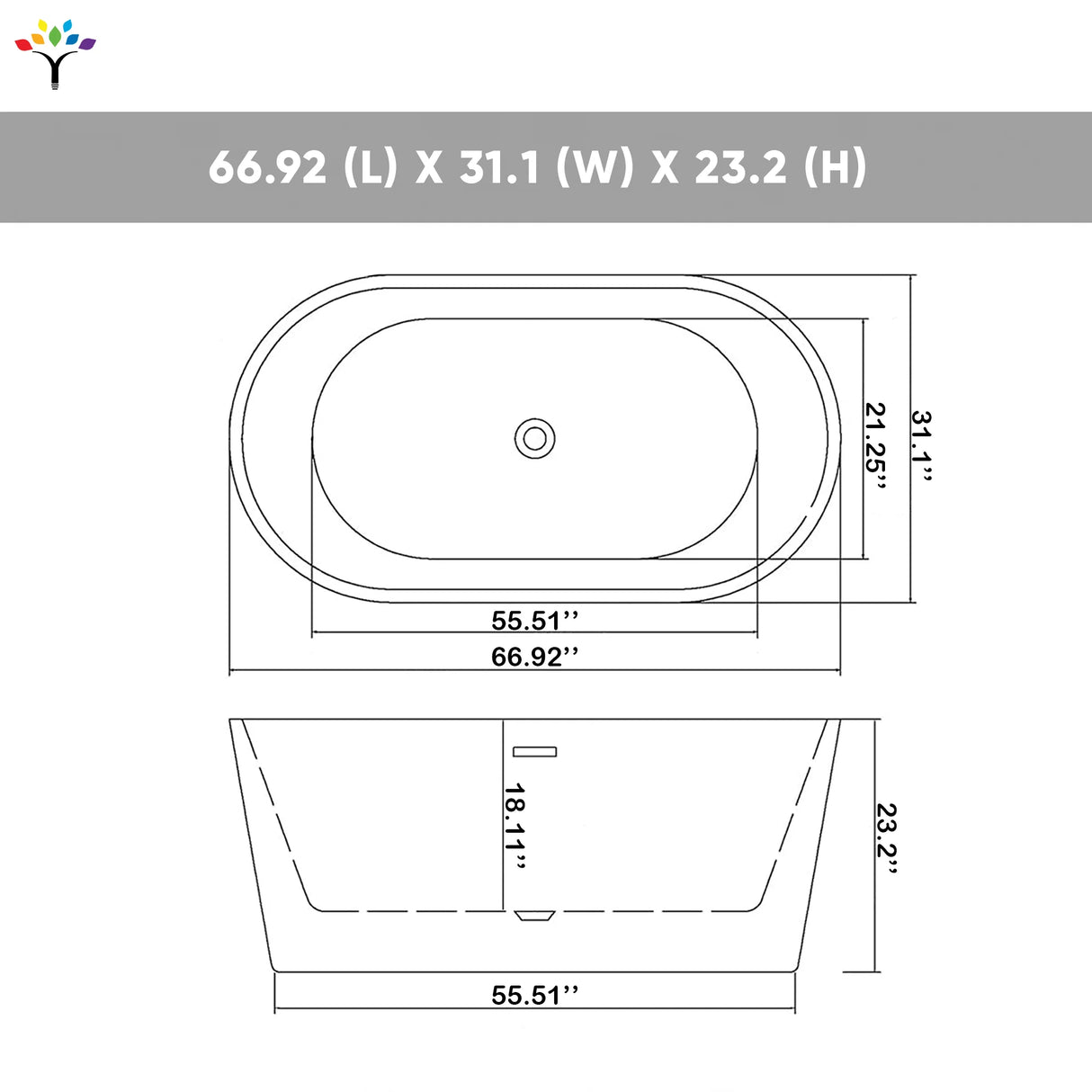 Marine 67 in. Classic Series Acrylic Freestanding Soaking Bathtub in Glossy White with Chrome-Plated Drain Cover & Pop Up-Overflow Hole