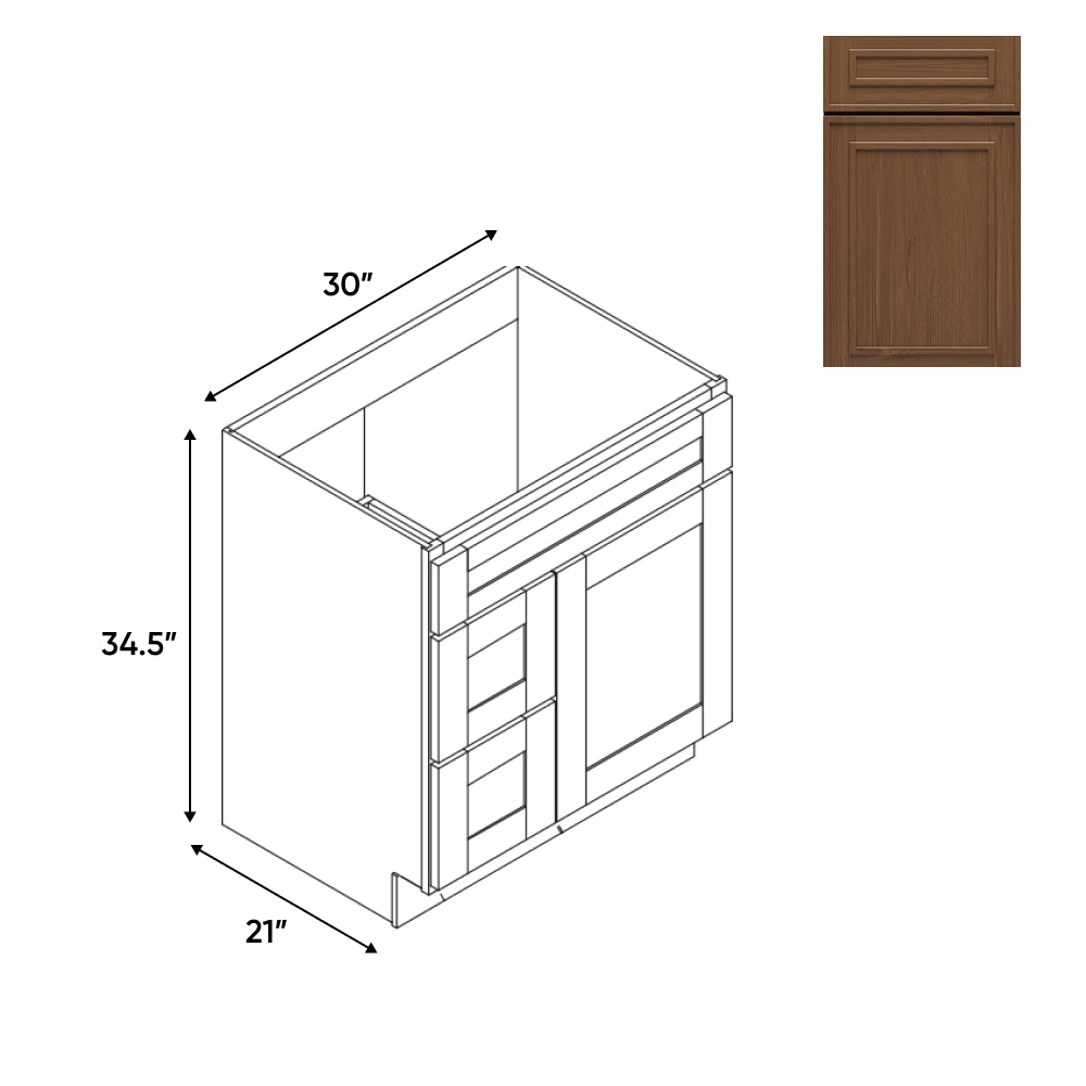 RTA - Elegant Shaker Mocha - Vanity Cabinets with 1 Door 2 Drawer Left - 30"W x 34.5"H x 21"D