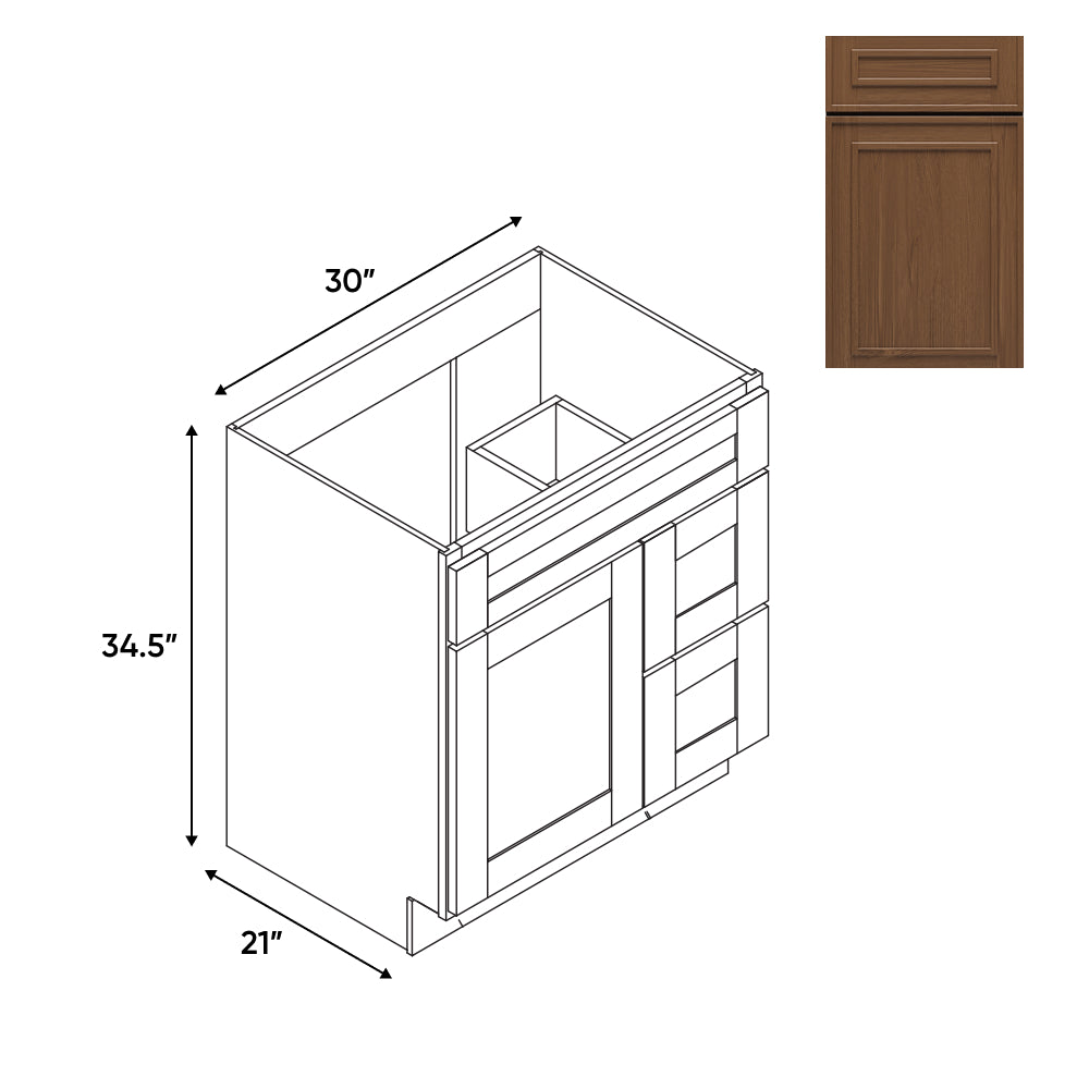 RTA - Elegant Shaker Mocha - Vanity Cabinets with 1 Door 2 Drawer Right - 30"W x 34.5"H x 21"D