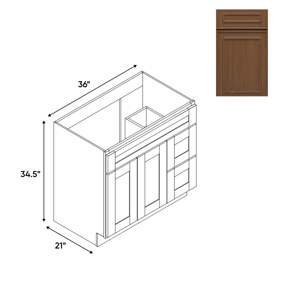 RTA - Elegant Shaker Mocha - Vanity Cabinets with 2 Door 2 Drawer Right - 36"W x 34.5"H x 21"D