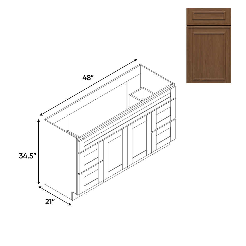 RTA - Elegant Shaker Mocha - Vanity Cabinets with 2 Door - 4 Drawer (2 Left - 2 Right) - 48"W x 34.5"H x 21"D