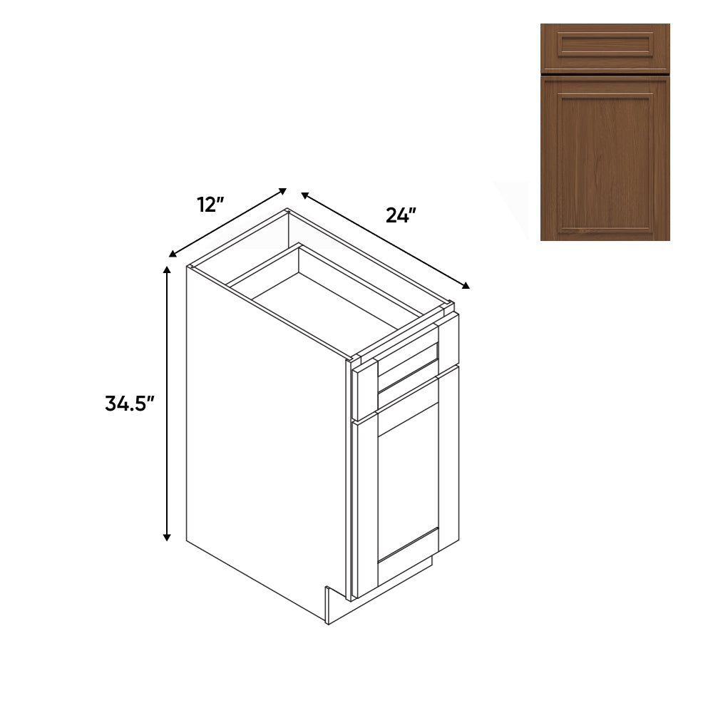 RTA - Elegant Shaker Mocha - 12"W - Base Cabinet with 1 Door 1 Drawer 1 Shelf - 12"W x 34.5"H x 24"D