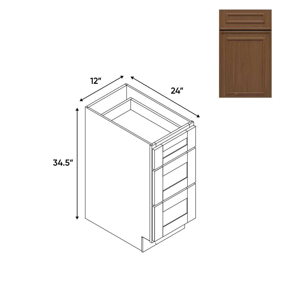 RTA - Elegant Shaker Mocha - 12"W - Drawer Pack Base Cabinets with 3 Drawer - 12"W x 34.5"H x 24"D