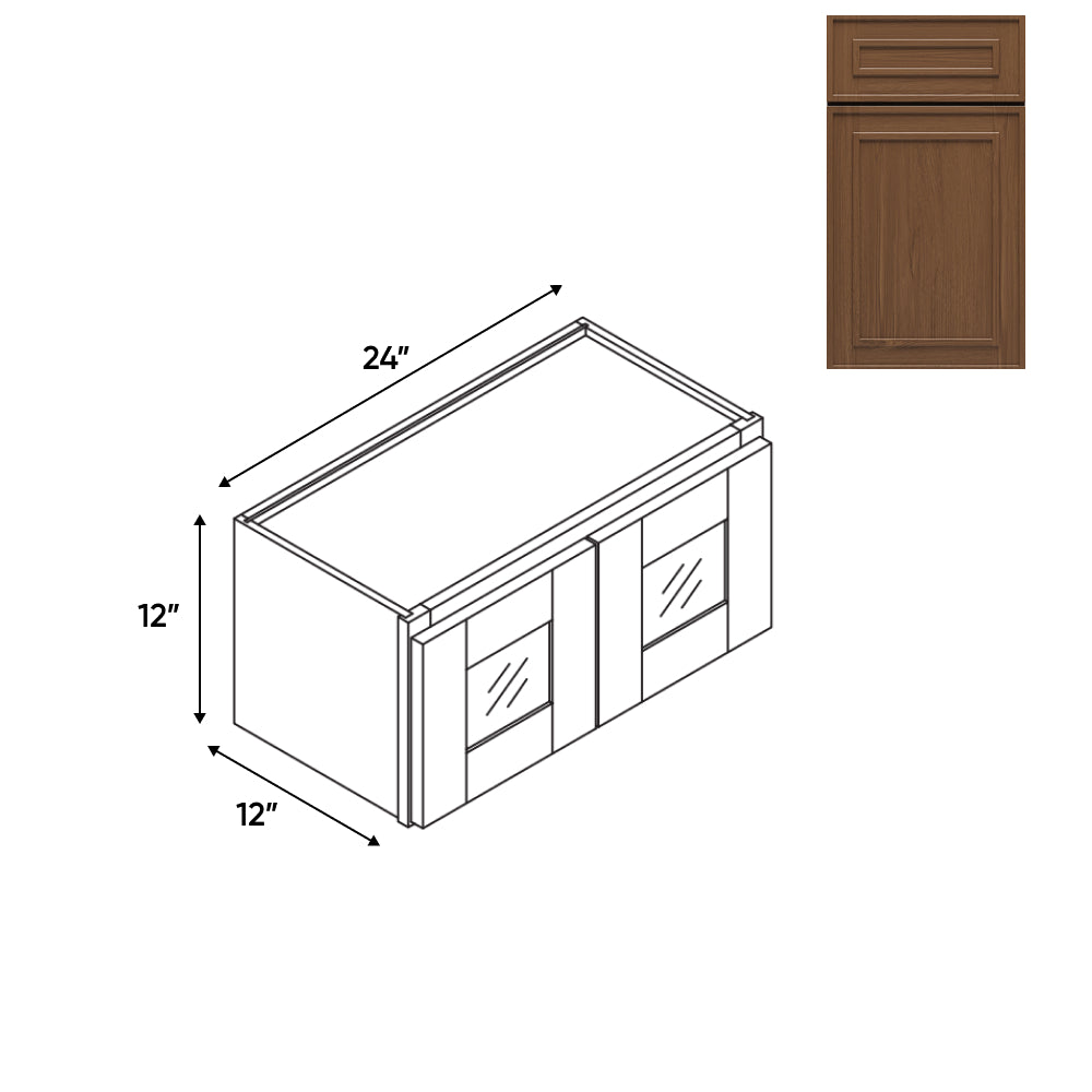 RTA - Elegant Shaker Mocha - 24"W - Stack Up Wall Cabinet with Two Glass Door - 24"W x 12"H x 12"D