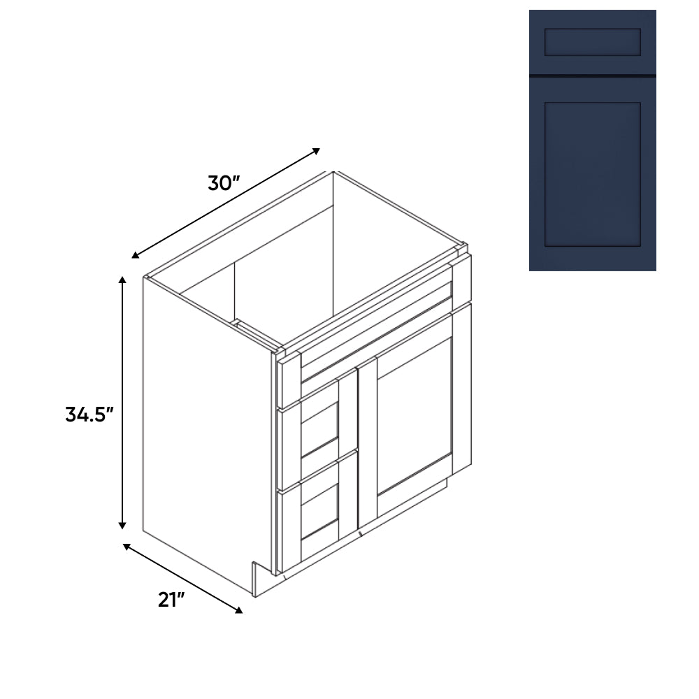 RTA - Navy Shaker - Vanity Cabinets with 1 Door 2 Drawer Left - 30"W x 34.5"H x 21"D - NS-3021DL