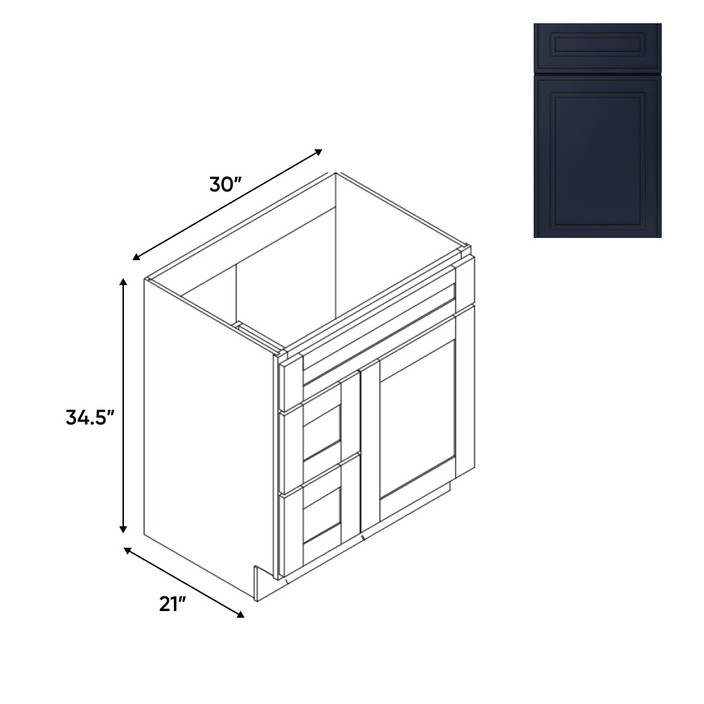 RTA - Elegant Shaker Navy - Vanity Cabinets with 1 Door 2 Drawer Left - 30"W x 34.5"H x 21"D