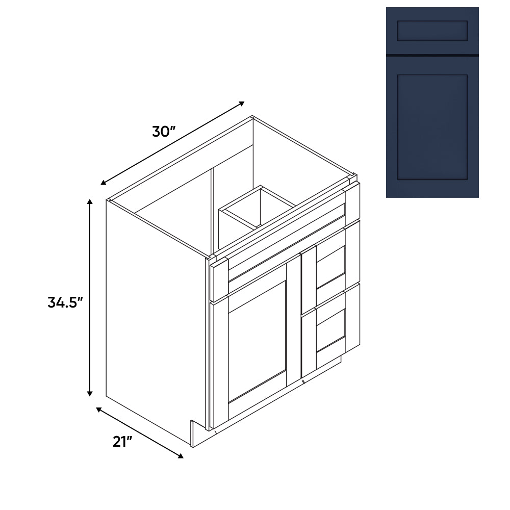 RTA - Navy Shaker - Vanity Cabinets with 1 Door 2 Drawer Right - 30"W x 34.5"H x 21"D - NS-3021DR