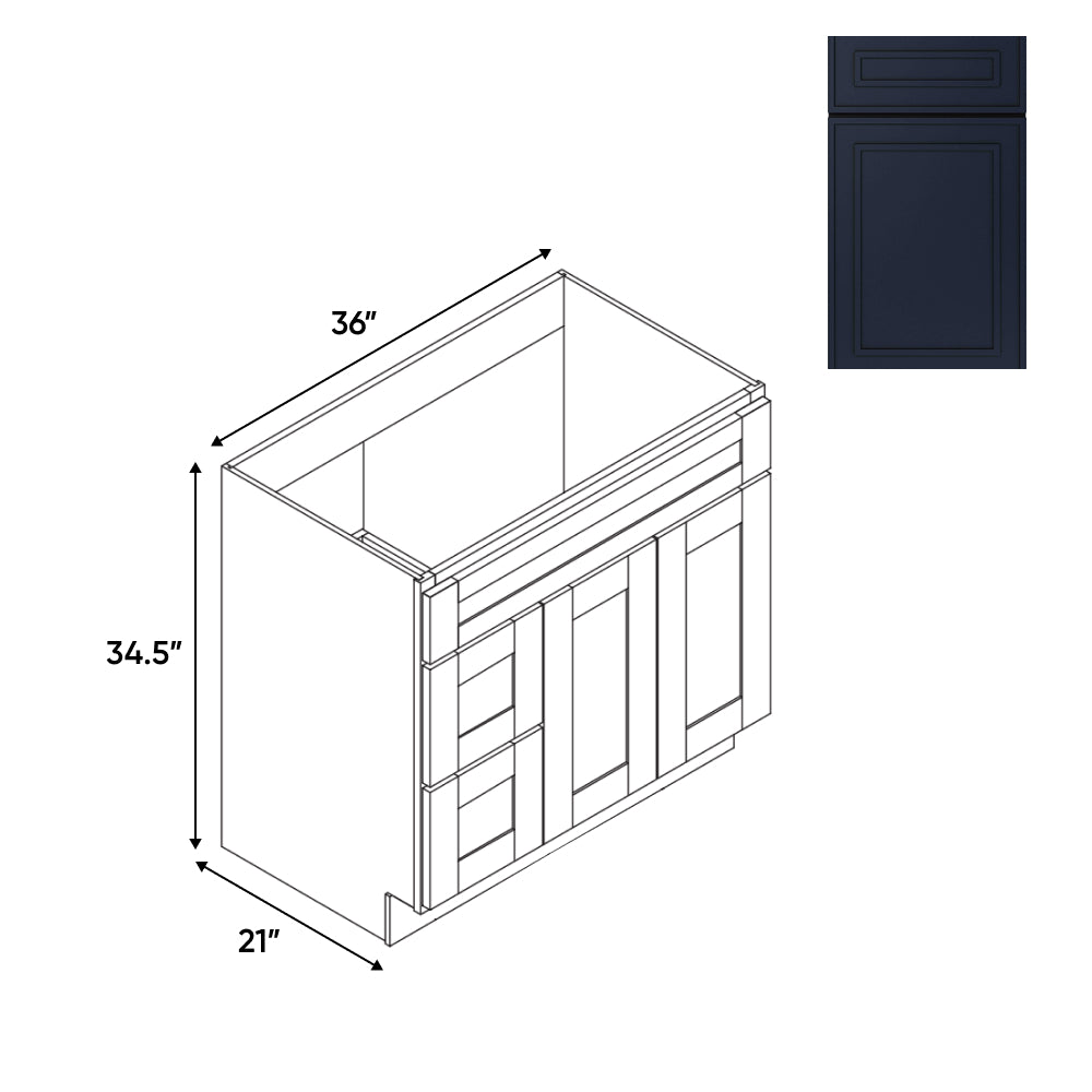 RTA - Elegant Shaker Navy - 36"W x 34.5"H x 21"D - Vanity  with 2 Door 2 Drawer Left