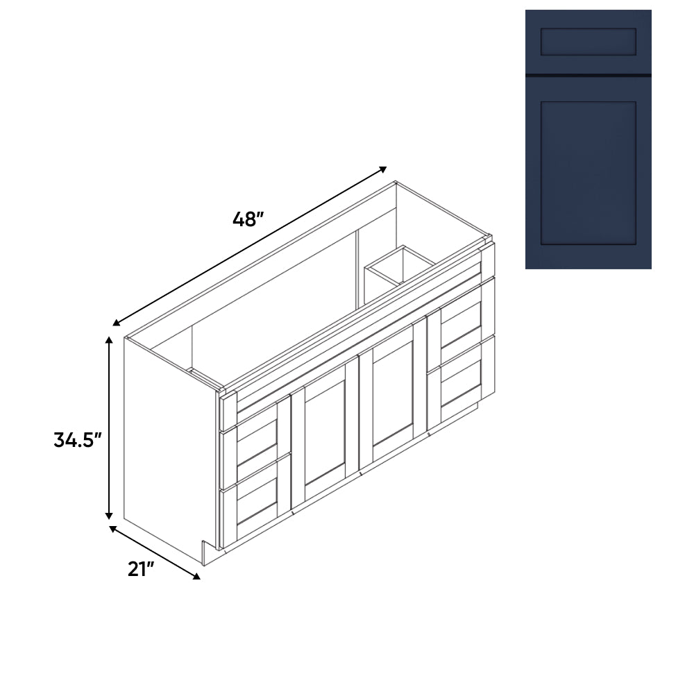 RTA - Navy Shaker - Vanity Cabinets with 2 Door - 4 Drawer (2 Left - 2 Right) - 48"W x 34.5"H x 21"D - NS-4821D