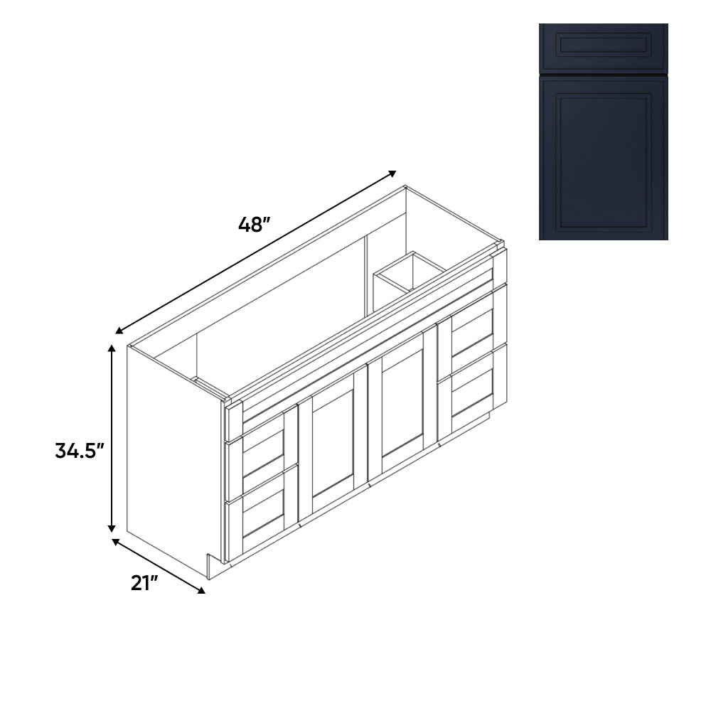 RTA - Elegant Shaker Navy - Vanity Cabinets with 2 Door - 4 Drawer (2 Left - 2 Right) - 48"W x 34.5"H x 21"D