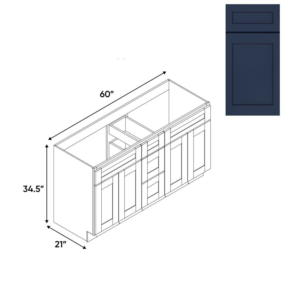 RTA - Navy Shaker - Vanity Cabinets with 3 Drawer Center - 4 Drawer Side - 60"W x 34.5"H x 21"D - NS-6021DD