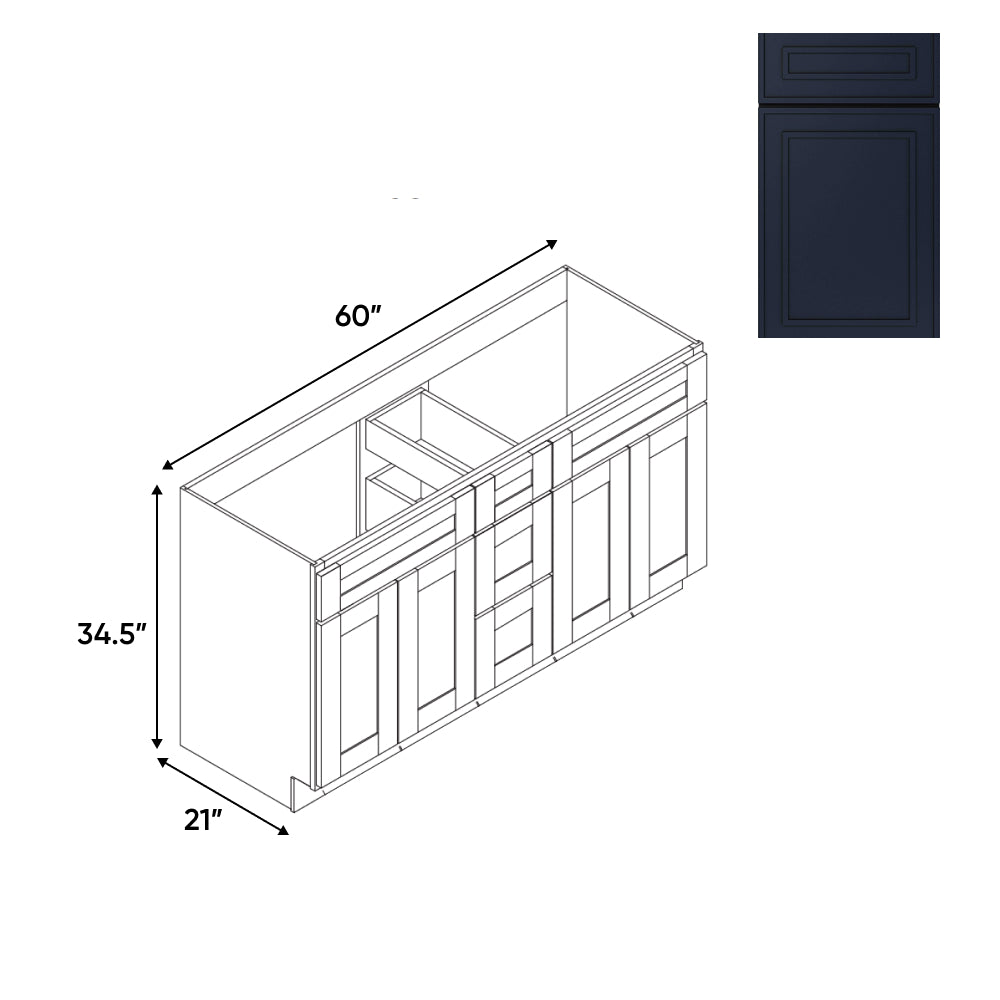 RTA - Elegant Shaker Navy - Vanity Cabinets with 3 Drawer Center - 4 Drawer Side - 60"W x 34.5"H x 21"D