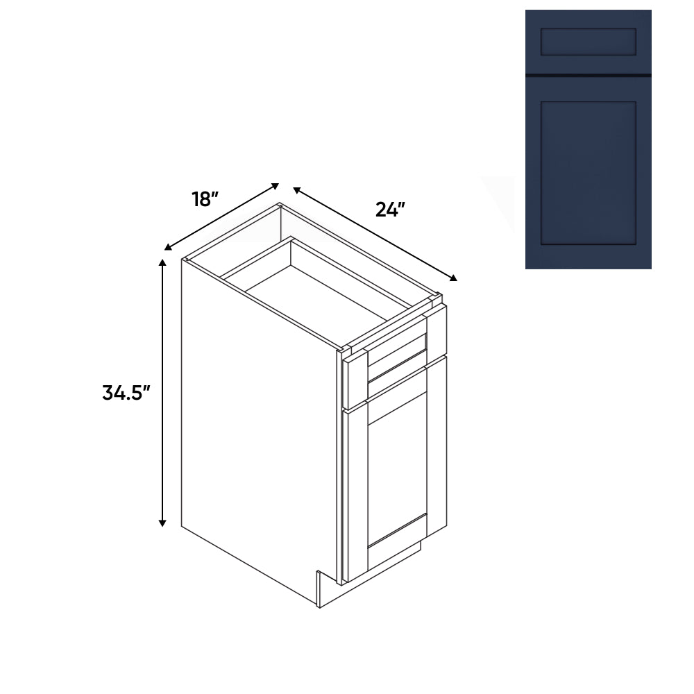 RTA - Navy Shaker - 18"W - Base Cabinet with 1 Door 1 Drawer 1 Shelf - 18"W x 34.5"H x 24"D