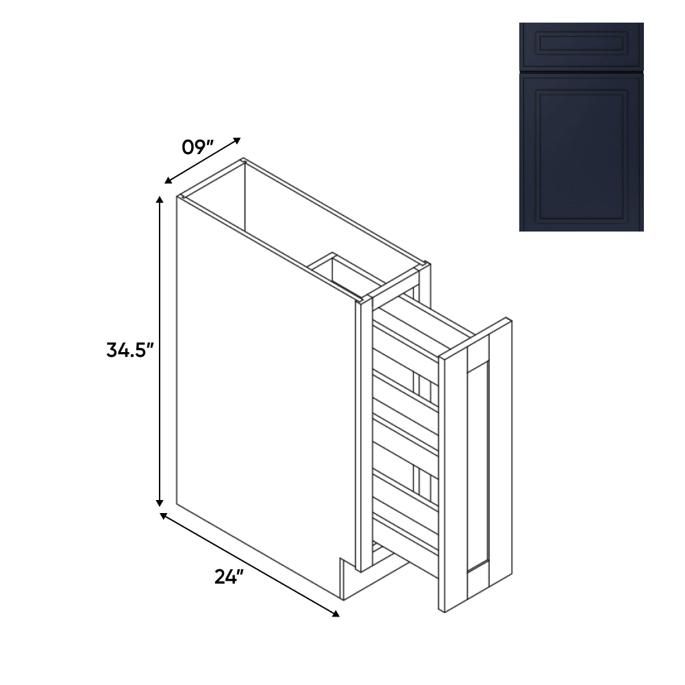 RTA - Elegant Shaker Navy - Base Spice Rack Pull Out with 3 Shelf - 9"W x 34.5"H x 24"D