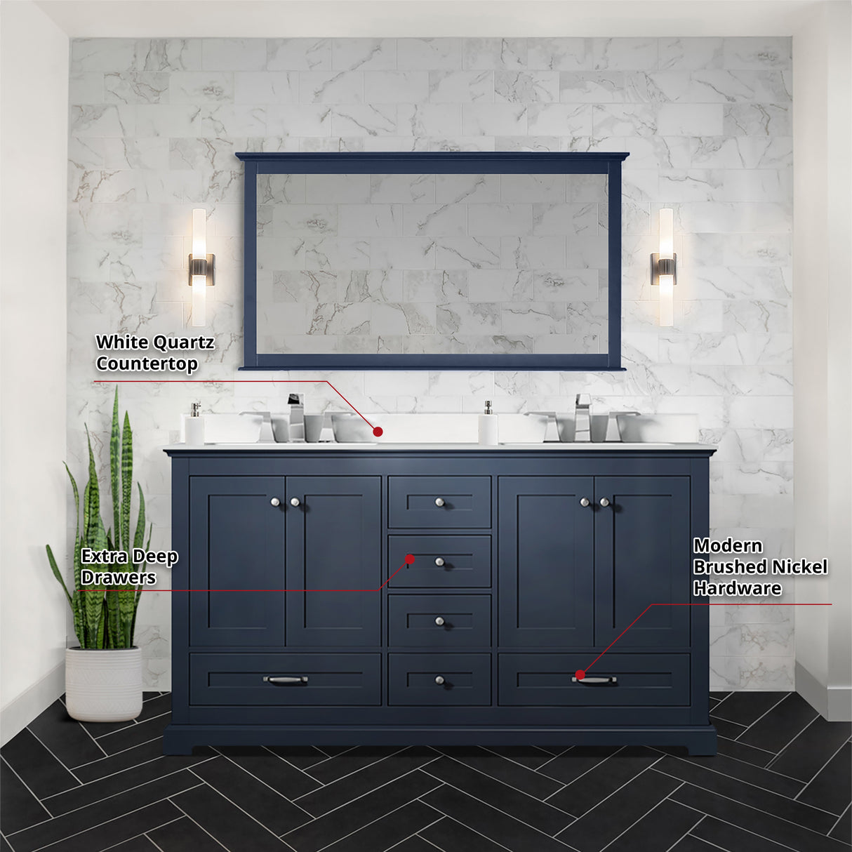 Dukes Navy Blue Freestanding Bathroom Vanity with White Quartz Top, White Square Sinks