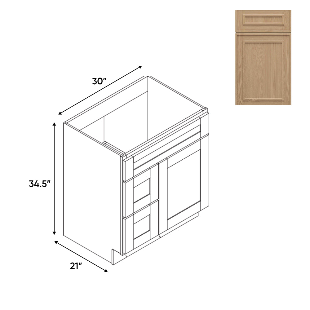 RTA - Elegant Shaker Oak - Vanity Cabinets with 1 Door 2 Drawer Left - 30"W x 34.5"H x 21"D