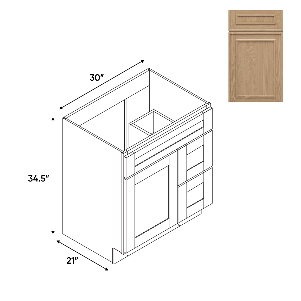 RTA - Elegant Shaker Oak - Vanity Cabinets with 1 Door 2 Drawer Right - 30"W x 34.5"H x 21"D