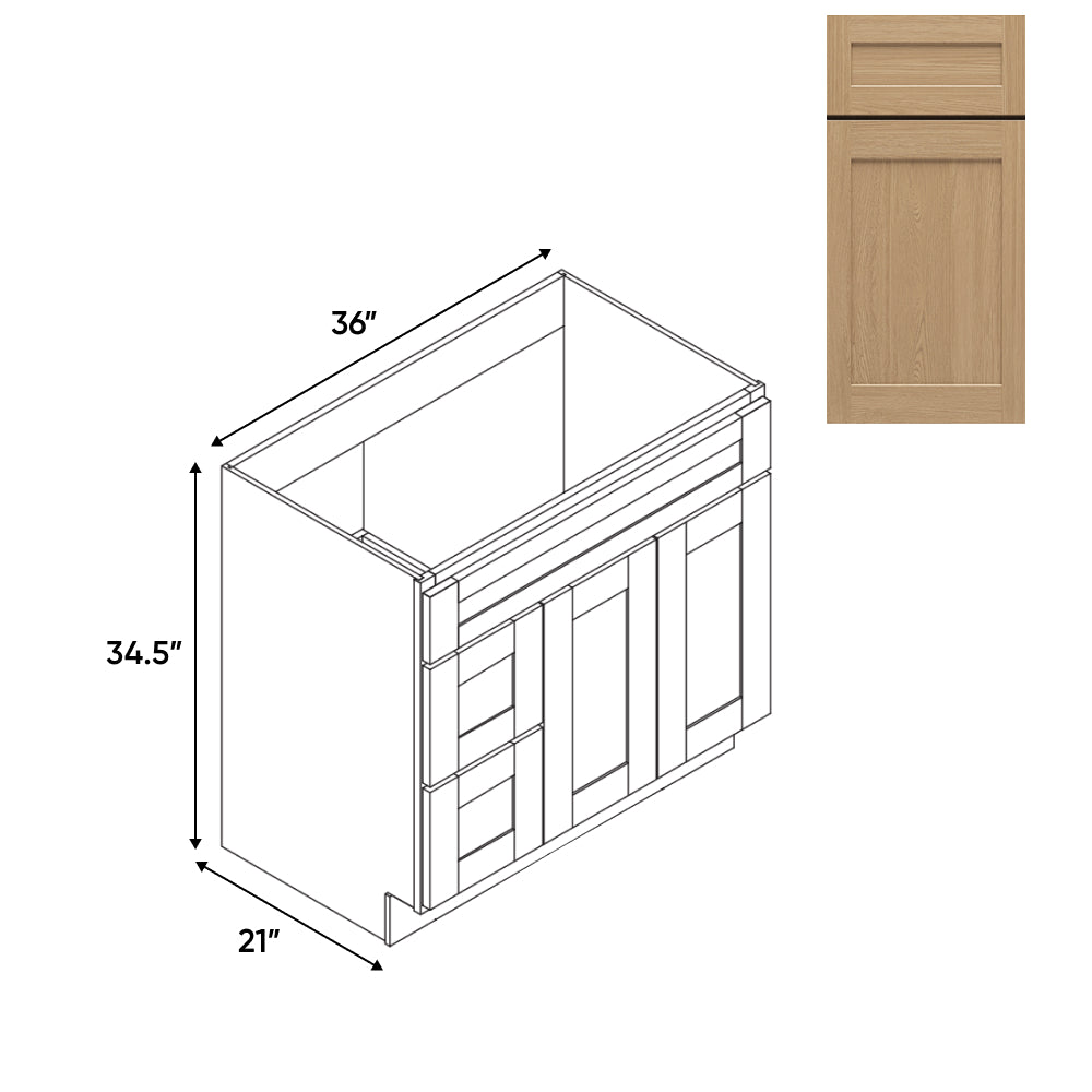 RTA - Oak Shaker - 36"W x 34.5"H x 21"D - Vanity  with 2 Door 2 Drawer Left - OS-3621DL