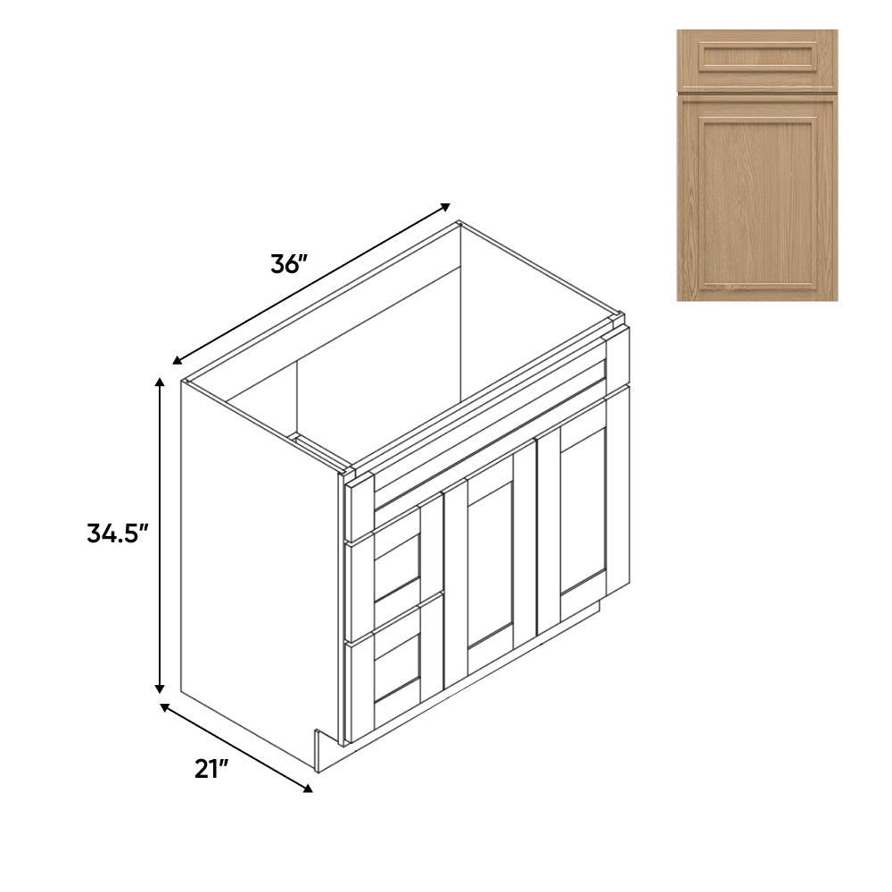 RTA - Elegant Shaker Oak - 36"W x 34.5"H x 21"D - Vanity  with 2 Door 2 Drawer Left