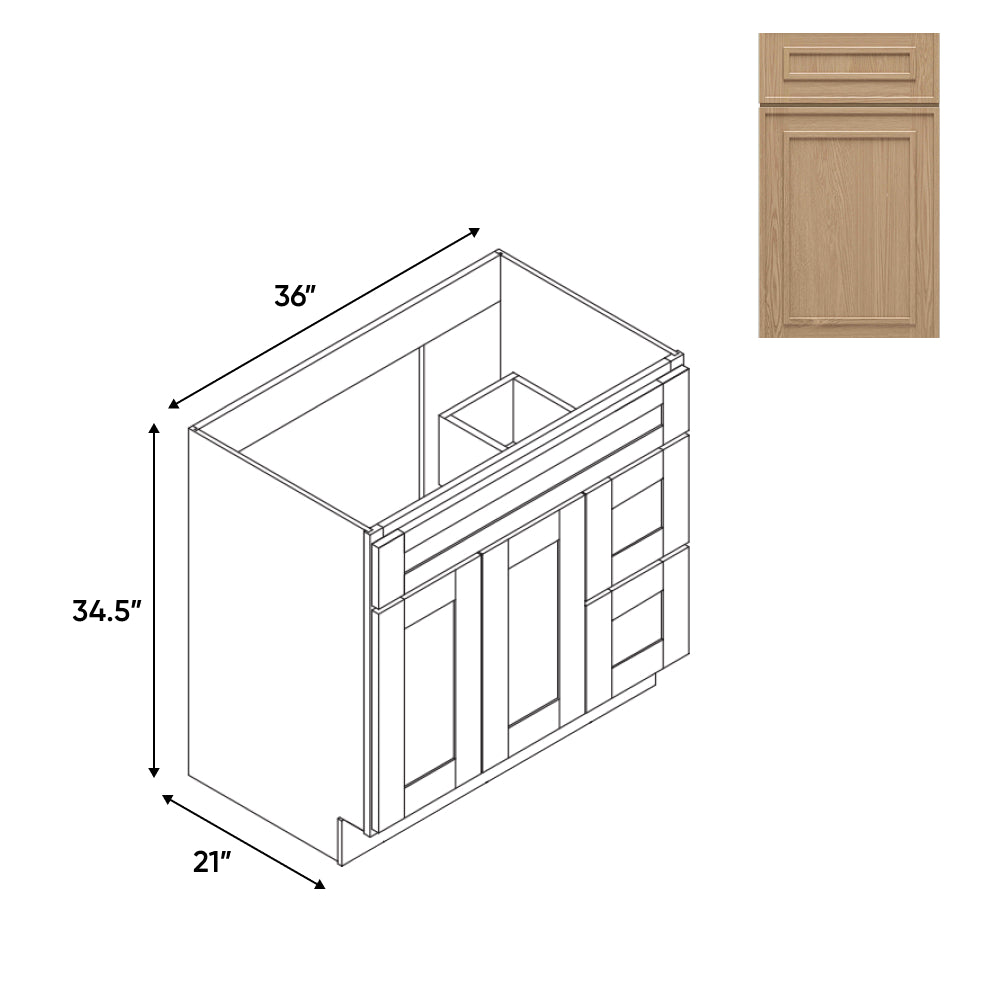 RTA - Elegant Shaker Oak - Vanity Cabinets with 2 Door 2 Drawer Right - 36"W x 34.5"H x 21"D