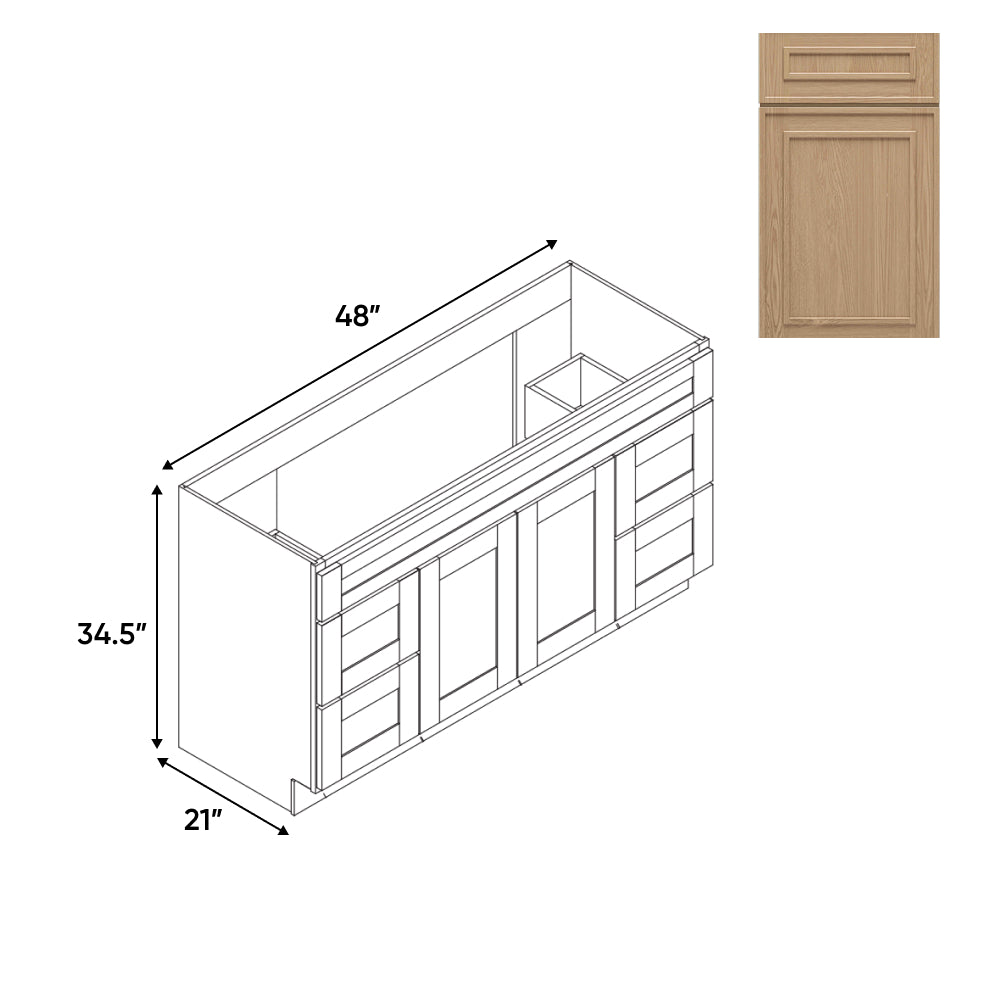 RTA - Elegant Shaker Oak - Vanity Cabinets with 2 Door - 4 Drawer (2 Left - 2 Right) - 48"W x 34.5"H x 21"D