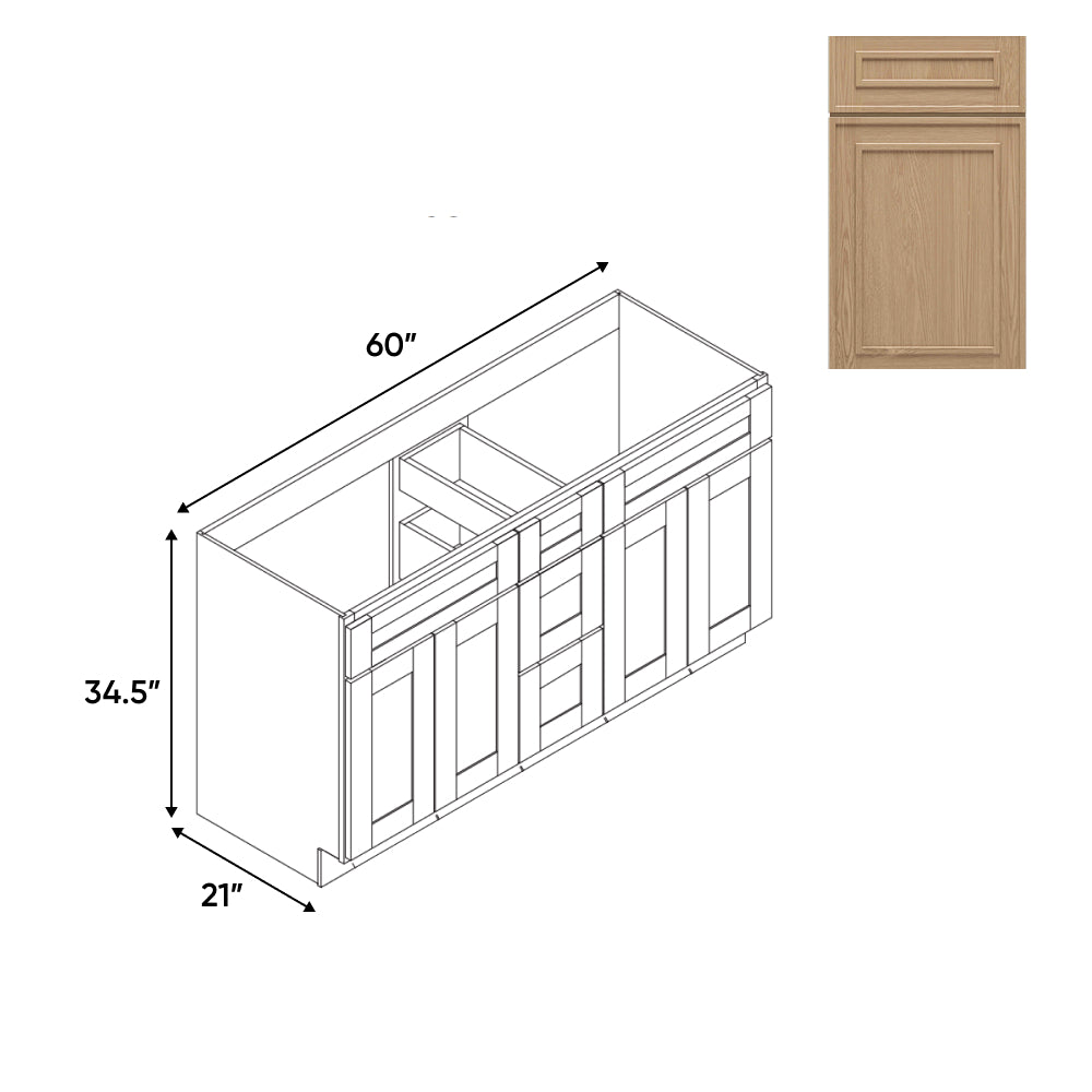 RTA - Elegant Shaker Oak - Vanity Cabinets with 3 Drawer Center - 4 Drawer Side - 60"W x 34.5"H x 21"D