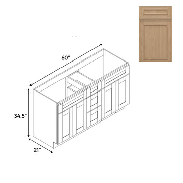 RTA - Elegant Shaker Oak - Vanity Cabinets with 3 Drawer Center - 4 Drawer Side - 60