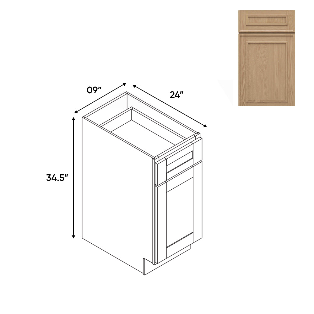 RTA - Elegant Shaker Oak - 9"W - Base Cabinet with 1 Door 1 Drawer 1 Shelf - 9"W x 34.5"H x 24"D