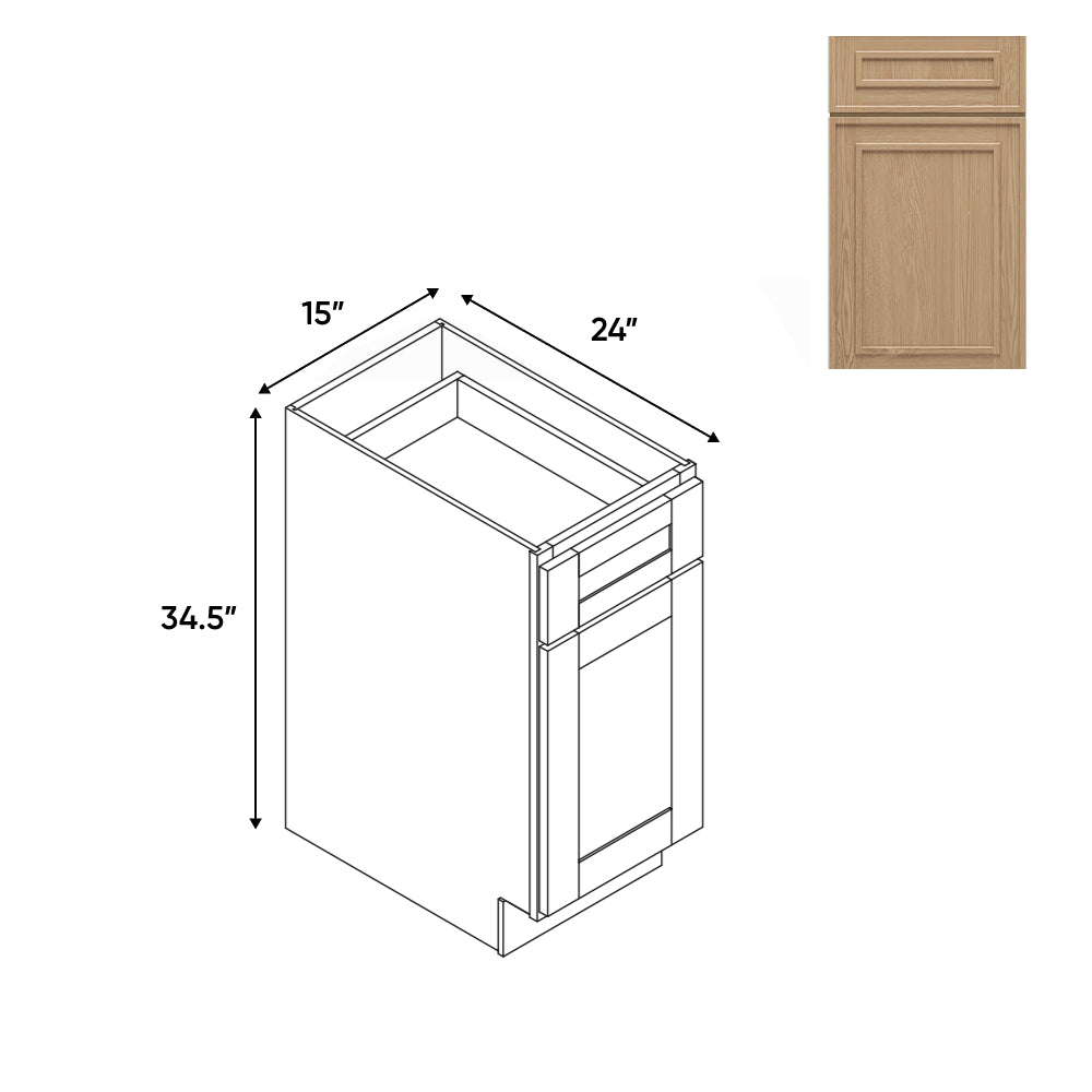 RTA - Elegant Shaker Oak - 15"W - Base Cabinet with 1 Door 1 Drawer 1 Shelf - 15"W x 34.5"H x 24"D