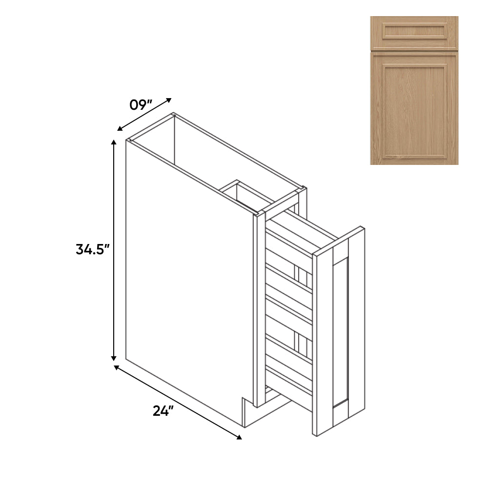 RTA - Elegant Shaker Oak - Base Spice Rack Pull Out with 3 Shelf - 9"W x 34.5"H x 24"D