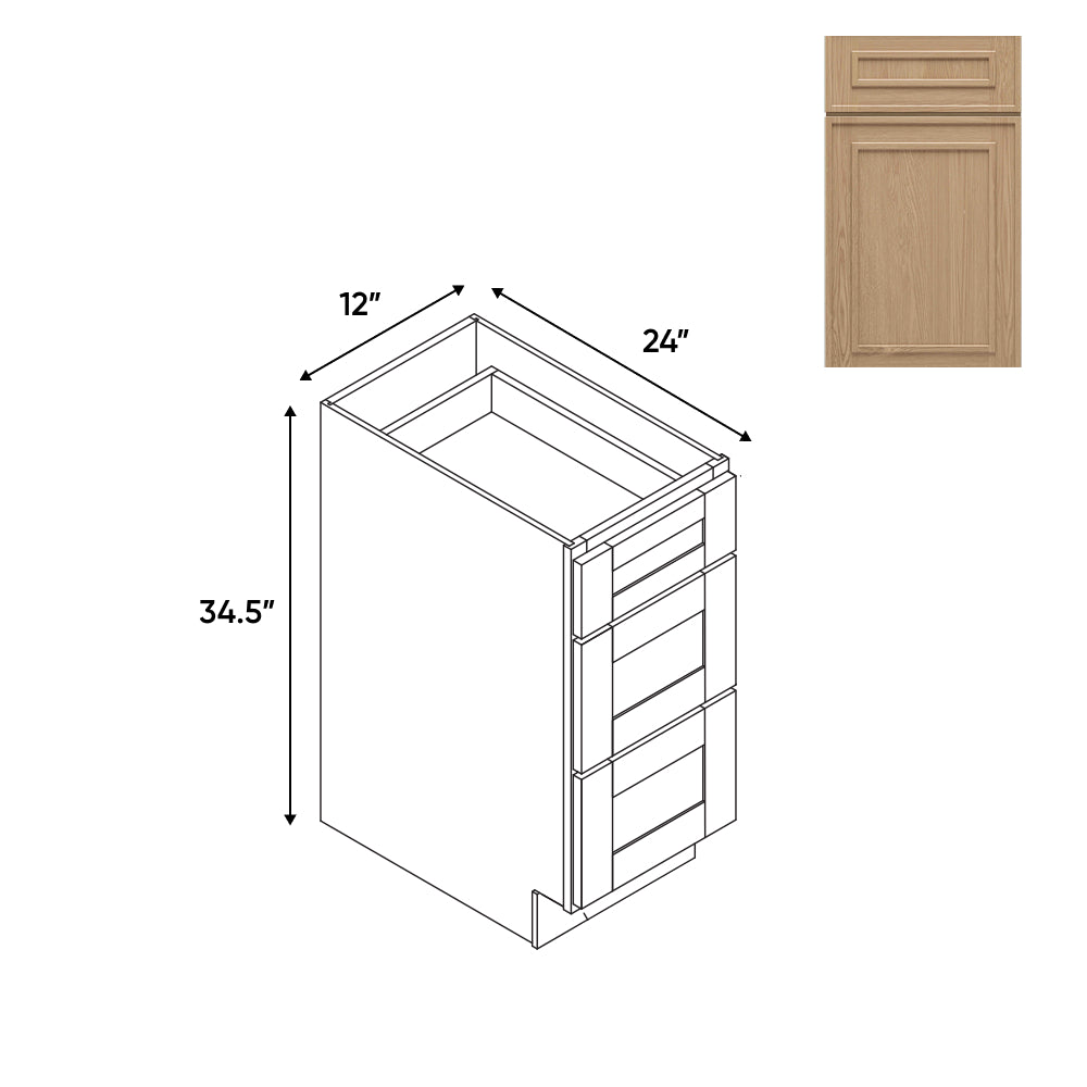 RTA - Elegant Shaker Oak - 12"W - Drawer Pack Base Cabinets with 3 Drawer - 12"W x 34.5"H x 24"D