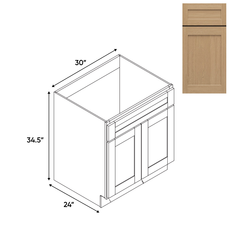 RTA - Oak Shaker - 30"W - Sink Base 2 Door with 1 Drawer Face - 30"W x 34.5"H x 24"D - OS-SB30