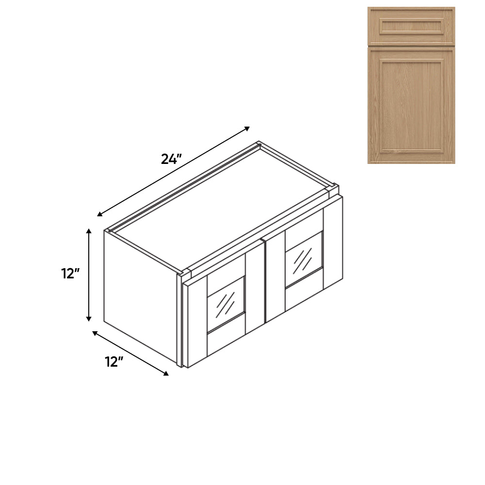 RTA - Elegant Shaker Oak - 24"W - Stack Up Wall Cabinet with Two Glass Door - 24"W x 12"H x 12"D