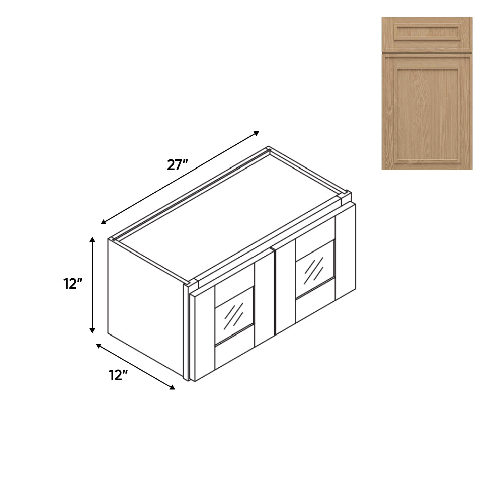 RTA - Elegant Shaker Oak - 27"W - Stack Up Wall Cabinet with Two Glass Door - 27"W x 12"H x 12"D