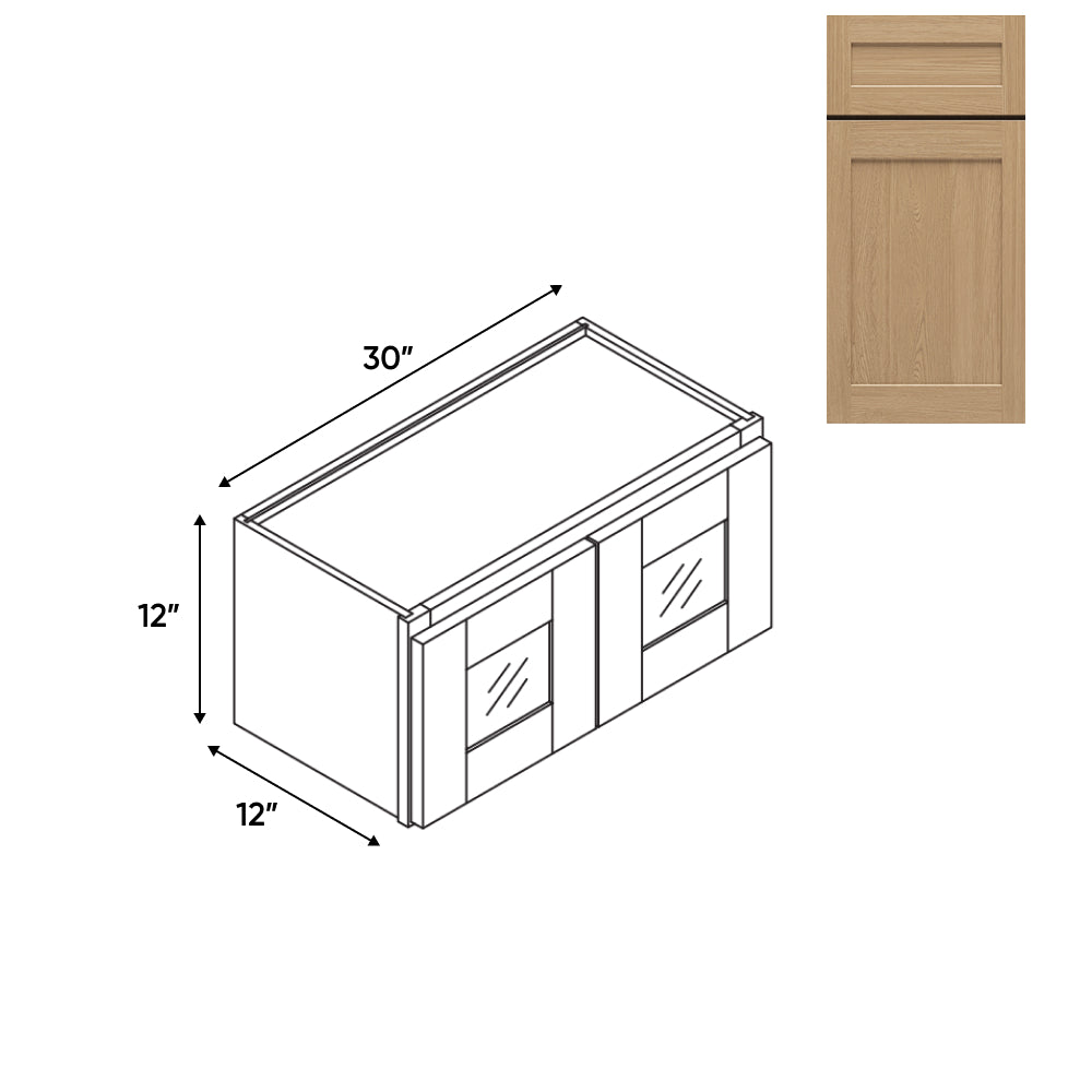 RTA - Oak Shaker - 30"W - Stack Up Wall Cabinet with Two Glass Door - 30"W x 12"H x 12"D - OS-W3012GD