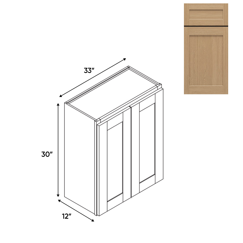 RTA - Oak Shaker - Wall High Cabinets with 2 Door 2 Shelf - 33"W x 30"H x 12"D - OS-W3330