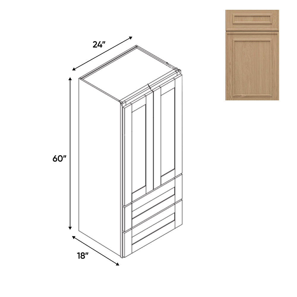 RTA - Elegant Shaker Oak - Wall Pantry Drawer Cabinet - 24"W x 60"H x 18"D