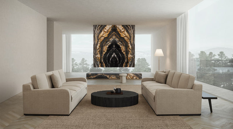 48 x 110 in Majesto Oro Noir Bookmatch Cut Polished Rectified Colorsync Sintered Slab 6 mm installed